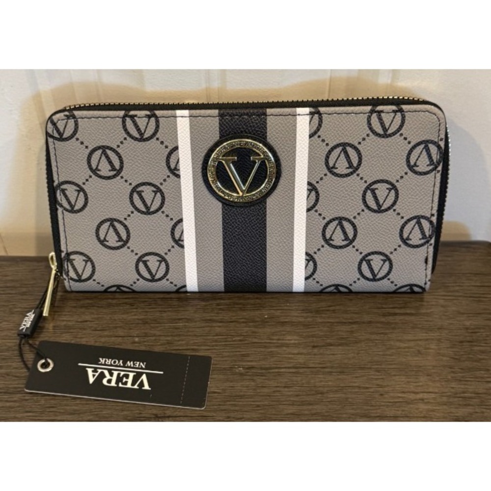 NWT Vera New York Signature Zip Around Wallet Gray Black Monogram Stripe Gold Lo